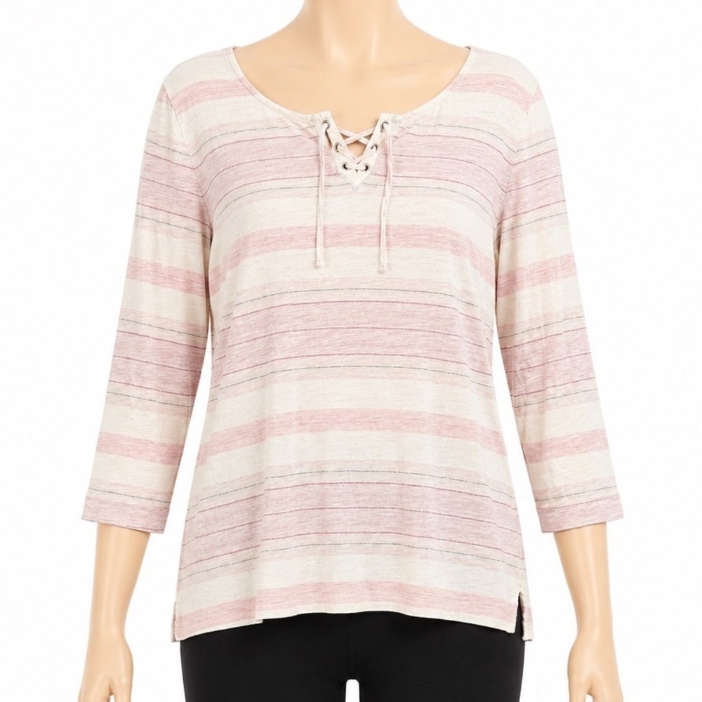 Lauren Ralph Lauren LRL Lace Up Striped Top 100% Cotton Pink Womens Large Tee